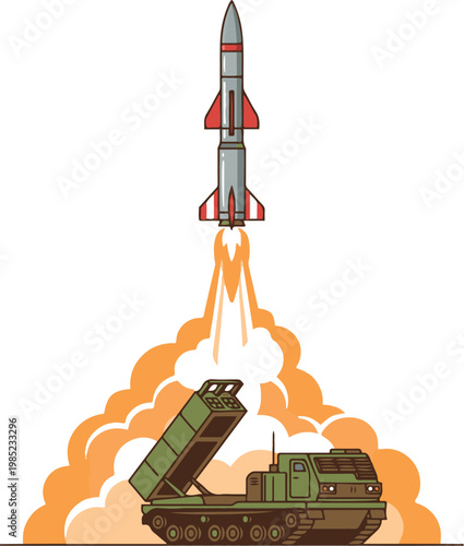 A military rocket launch illustration showing a missile being fired vertically from a mobile launcher vehicle, with flames and smoke clouds during liftoff.