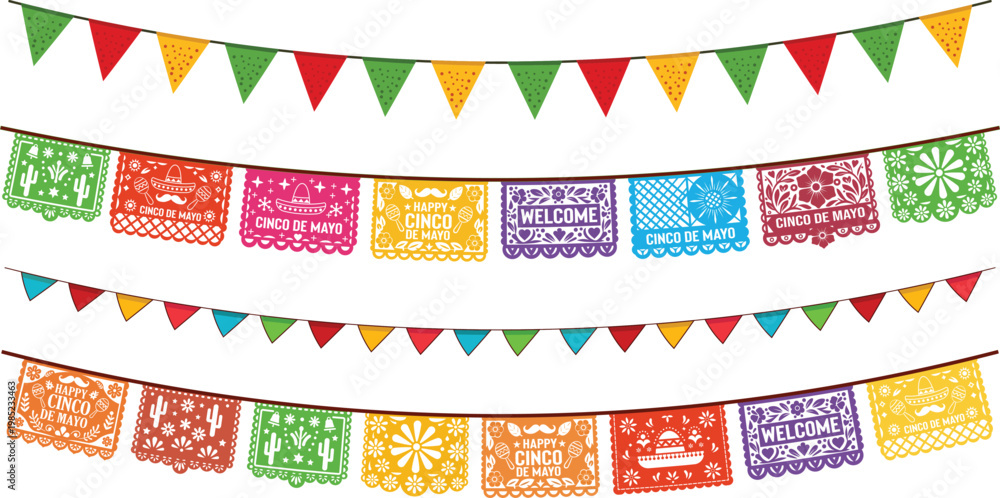 Fototapeta premium Cinco de Mayo Papel Picado Garland Banner Vector Set