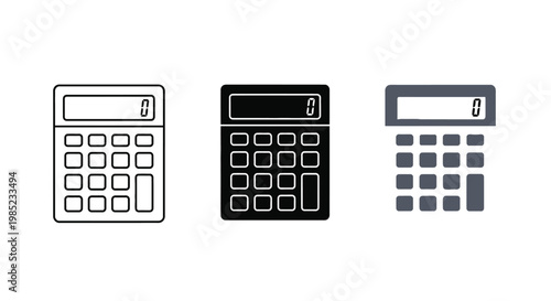 Professional vector graphic illustration showing three different styles of digital calculator icons featuring a simple outline a solid black shape and a modern flat design