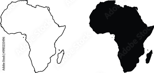 Africa continent outline black silhouette and white line drawing comparison