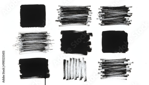 Black Marker Brush Strokes and Square Shapes on White Background