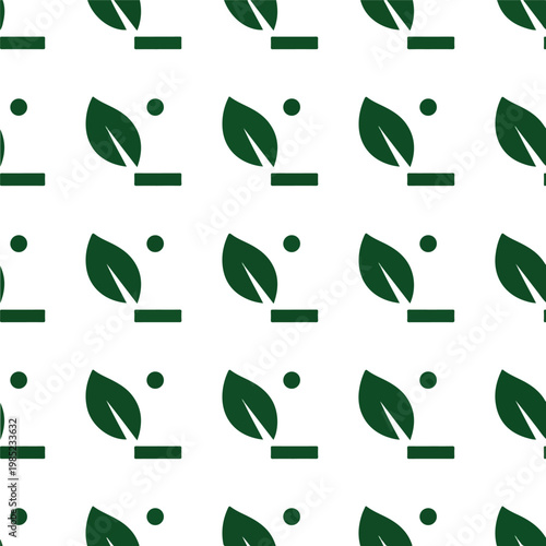 Seamless pattern featuring minimalist dark green leaves and geometric shapes.