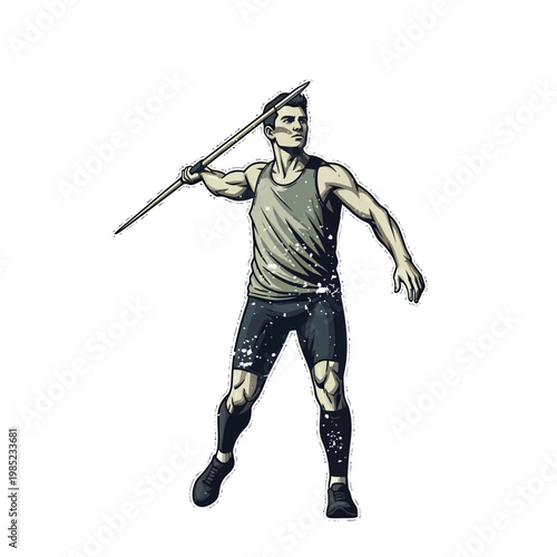Athlete throwing javelin, dynamic action pose, isolated on white background.
