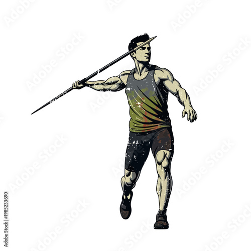 Athlete throwing javelin, dynamic action pose, sportswear, white background