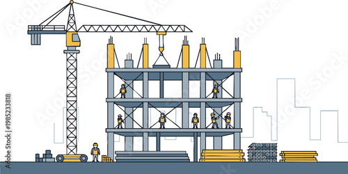 Construction workers build a modern building structure using a large crane in this vector graphic illustration.