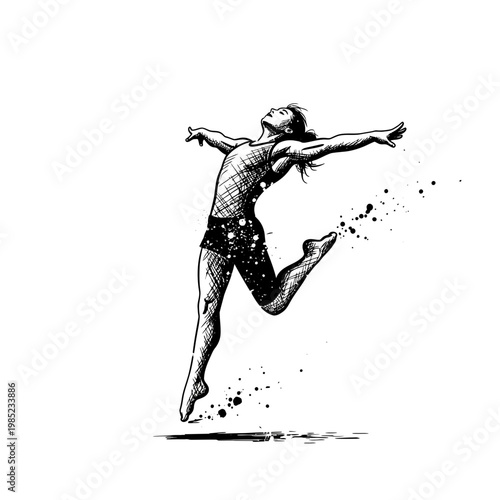 Dynamic dancer leaping with open arms, sketch style