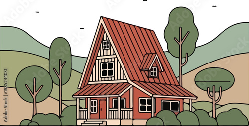 Charming Red A-Frame Cabin with Porch Illustration.