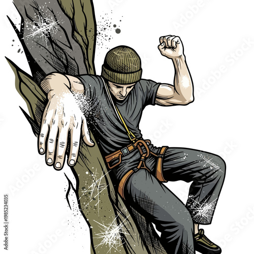 Man climbing rock face, determined expression, dynamic pose, adventure sport