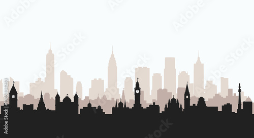Cityscape panorama with iconic buildings in silhouette against a muted sky, representing urban skylines and architectural diversity