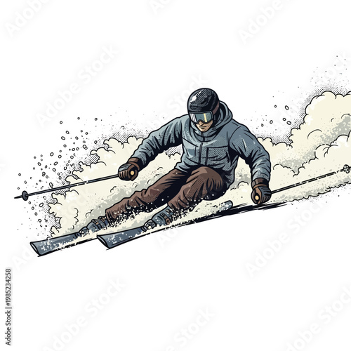 Man skiing down a snowy slope, kicking up powder, dynamic action shot.