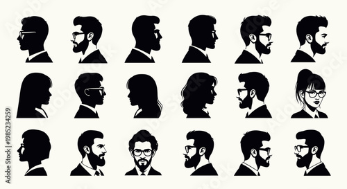 Collection of Diverse Silhouette Profile Portraits Showcasing a Variety of Hairstyles and Facial Features