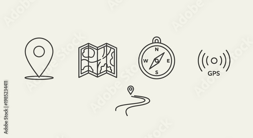 A collection of sleek line icons illustrating essential navigation tools and concepts for modern travel, precise location tracking, and successful outdoor exploration