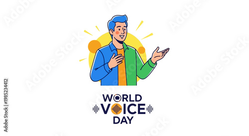 A cartoon-style illustration showcases a speaker gesturing expressively to promote vocal health awareness on World Voice Day, set against a clean white background with a positive