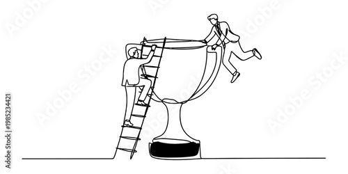 Business professionals working together to reach the top of a large victory trophy achievement Vector, illustration