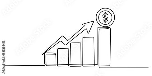 A single continuous line drawing of a growing bar chart with a dollar coin symbol at the peak. Vector, illustration