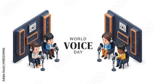 Isometric illustration featuring people with headphones speaking into microphones, emphasizing voice awareness and vocal health for World Voice Day, set against a clean white background