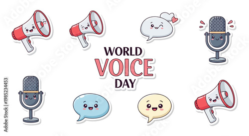 A flat lay illustration showcases World Voice Day with speech bubbles and microphones, conveying a concept of speech and communication, complemented by red and white megaphones, all