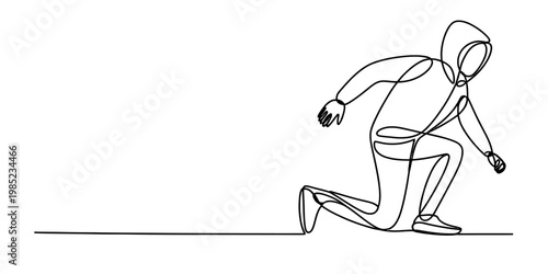 A single continuous line drawing of a hooded person in a dynamic running or crouching position. Vector, illustration