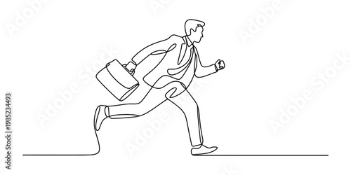 A single continuous line drawing of a businessman rushing to work while carrying a briefcase Vector, illustration