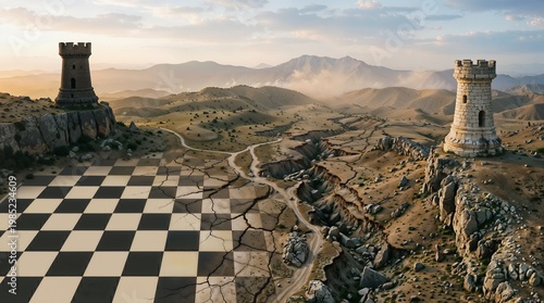  Surreal chessboard landscape with towers and mountains, symbolic strategy concept