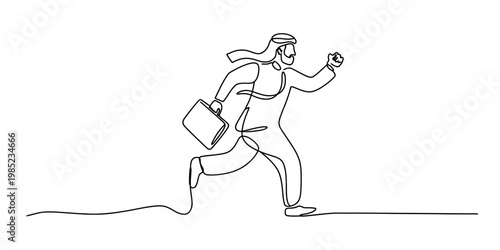 Continuous line drawing of an arab businessman running with a briefcase in a hurry to work today Vector, illustration