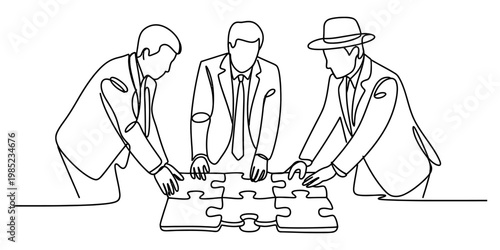 A continuous line drawing of three businessmen working together to solve a complex puzzle piece Vector, illustration