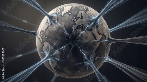 Abstract representation dying Earth with piercing beams, global catastrophe and environmental collapse concept in dark dramatic style