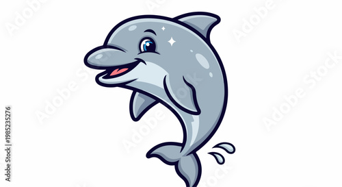 Cartoon illustration of a smiling dolphin jumping out of the water with a playful and cheerful mood against a clean white background.
