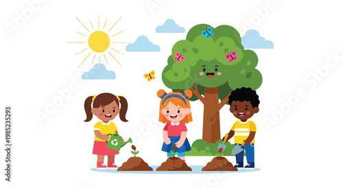 Three diverse children are happily planting and watering young saplings in a sunny outdoor garden under a large smiling tree.