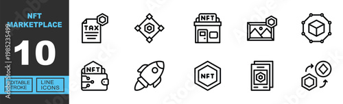 NFT Marketplace line icon set. Exclusive NFT Marketplace line icon collection. Containing tax, nodes, store, gallery, blockchain, wallet, rocket, badge, smartphone, exchange. Editable stroke.