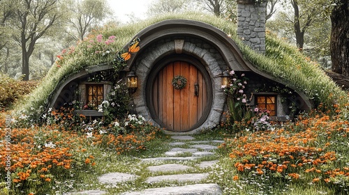 An Enchanted Hobbit-Style Cottage with a Curved Circular Door and Living Grass Roof in a Flowering Meadow Garden
