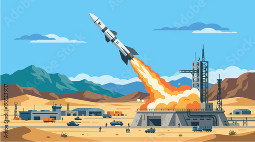 Flat vector illustration of a rocket launching from a desert spaceport with flames and smoke, surrounded by mountains, buildings, and a clear blue sky.
