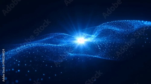 Glowing blue particle wave abstract digital landscape with light burst and flowing dot matrix conveying motion and energy glowing blue particle wave with bright central light, dynamic flowing energy