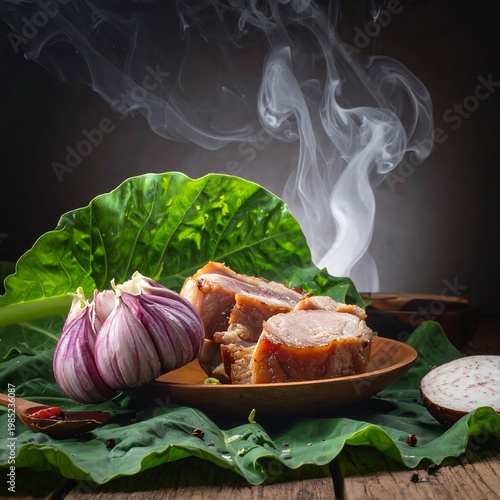 A plate of roasted meat with vegetables on a rustic wooden table