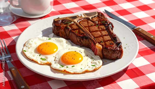 A plate of steak and eggs on a red and white checkered tablecloth