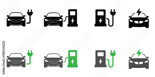 Electric vehicle charging icons with cars and stations