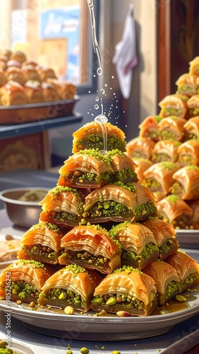 A pyramid of assorted pastries on a plate with syrup