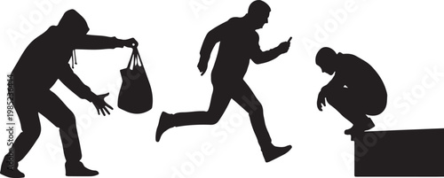 Burglar stealing bag during escape with person running and figure crouching on ledge Isolated on white background