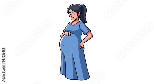 Pregnant woman in a blue dress, cradling her baby bump with a gentle smile, symbolizing motherhood and anticipation