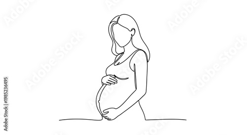 Elegant Continuous Line Art Illustration of a Pregnant Woman Embracing Her Belly, Representing Motherhood, Growth, and Anticipation