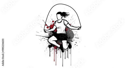 Woman jumping rope, dynamic action, fitness, sport, grunge style illustration