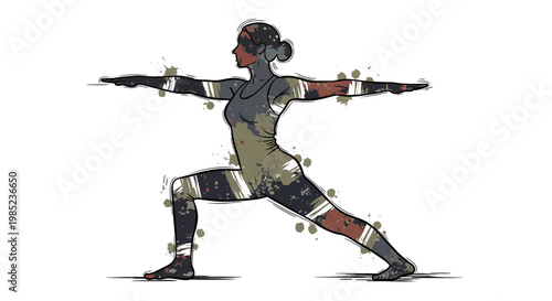 Woman practicing Warrior II yoga pose with abstract paint splatter effect
