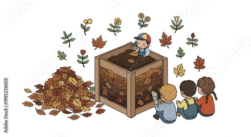 Four young kids learn about the composting process using a wooden bin filled with layers of soil and fallen autumn leaves on a white background.