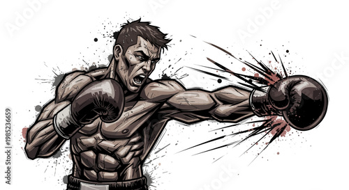 Aggressive Boxer Punching, Dynamic Action Illustration