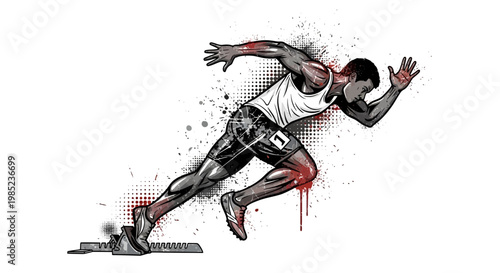 Athlete sprinting from starting block, dynamic action pose, sport illustration