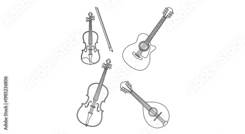 Acoustic guitar, violin, bow, and mandolin illustration on white background