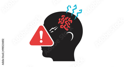 Warning sign on head silhouette with stressed brain, mental health concept