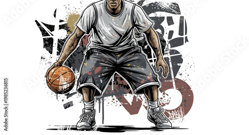 Basketball player dribbling ball with graffiti background