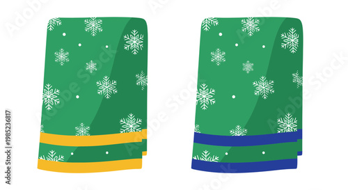 Christmas Scarf Design: Snowflakes on Green Fabric with Yellow and Blue Borders