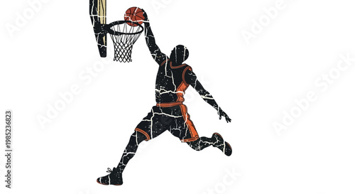Basketball player dunking on white background, abstract textured silhouette